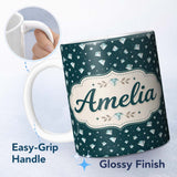 Personalized Custom Name Crystal Diamond Starry Seamless Pattern on Dark Teal Lovely 11oz Ceramic Coffee Tea Mug White Large Handle