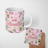 Personalized Custom Name Cute Kawaii Garden Tools Plants Bees Seamless Pattern Blush Lovely 11oz Ceramic Coffee Tea Mug White Large Handle