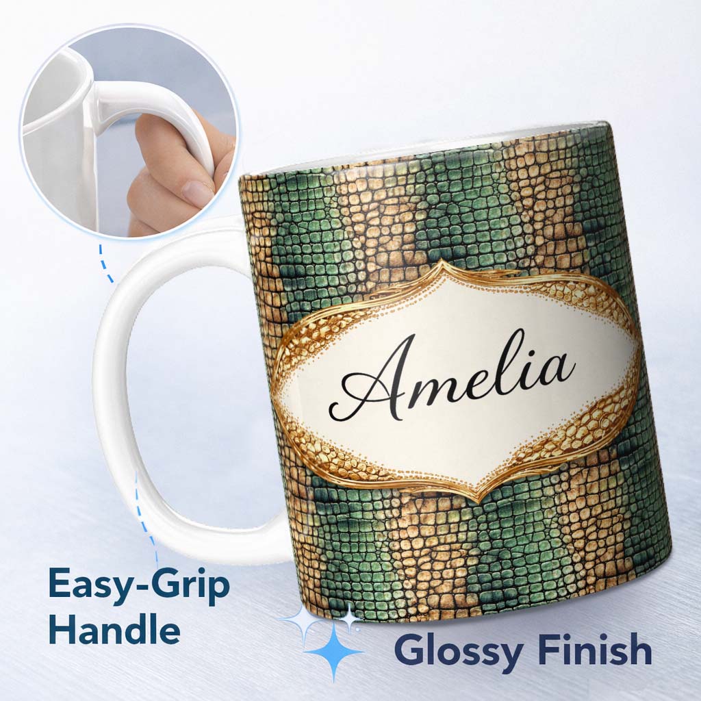 Personalized Custom Name Teal Crocodile Skin Texture Pattern Luxury Design Cute Unique Gift 11oz Ceramic Coffee Tea Mug White Large Handle