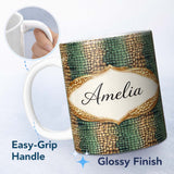 Personalized Custom Name Teal Crocodile Skin Texture Pattern Luxury Design Cute Unique Gift 11oz Ceramic Coffee Tea Mug White Large Handle