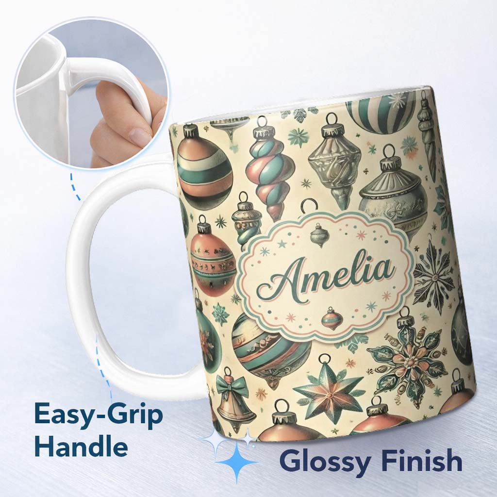 Personalized Custom Name Vintage Glass Christmas Baubles Teal Gold Seamless Pattern Lovely 11oz Ceramic Coffee Tea Mug White Large Handle