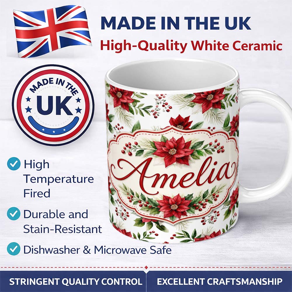 Personalized Custom Name Elegant Poinsettia Flower Berry Greenery Festive Seamless Pattern 11oz Ceramic Coffee Tea Mug White Large Handle