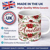 Personalized Custom Name Elegant Poinsettia Flower Berry Greenery Festive Seamless Pattern 11oz Ceramic Coffee Tea Mug White Large Handle