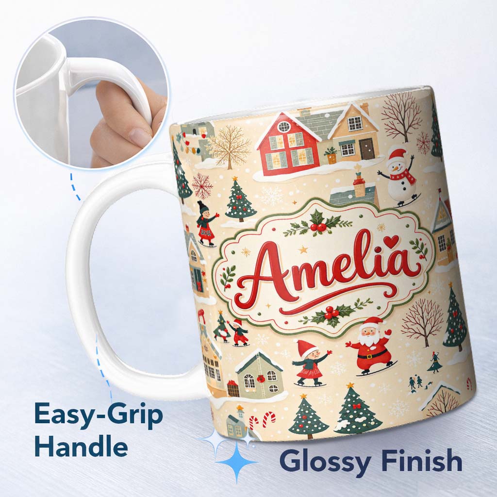 Personalized Custom Name Vintage Christmas Village Snowman Santa Ice Skating Festive Winter 11oz Ceramic Coffee Tea Mug White Large Handle