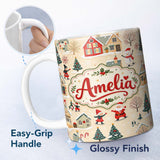Personalized Custom Name Vintage Christmas Village Snowman Santa Ice Skating Festive Winter 11oz Ceramic Coffee Tea Mug White Large Handle
