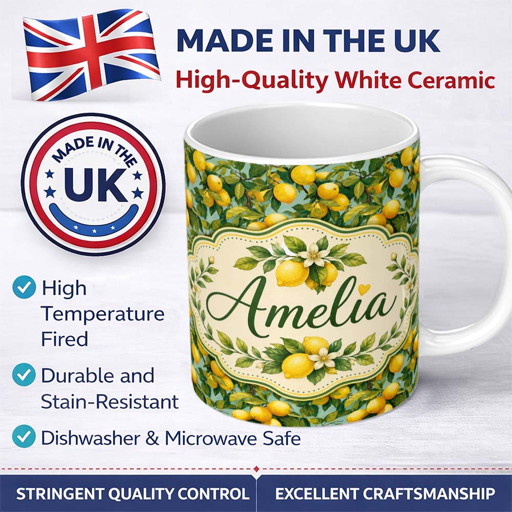 Personalized Custom Name Realistic Lemon Tree Branch Pattern with Ripe Fruit and Foliage 11oz Ceramic Coffee Tea Mug White Large Handle