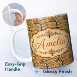Personalized Custom Name Autumn Branch Silhouette Tree Pattern in Warm Earthy Tones Lovely 11oz Ceramic Coffee Tea Mug White Large Handle