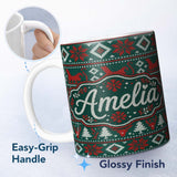Personalized Custom Name Cute Green Red Nordic Animal Winter Festive Knitted Seamless Pattern 11oz Ceramic Coffee Tea Mug White Large Handle