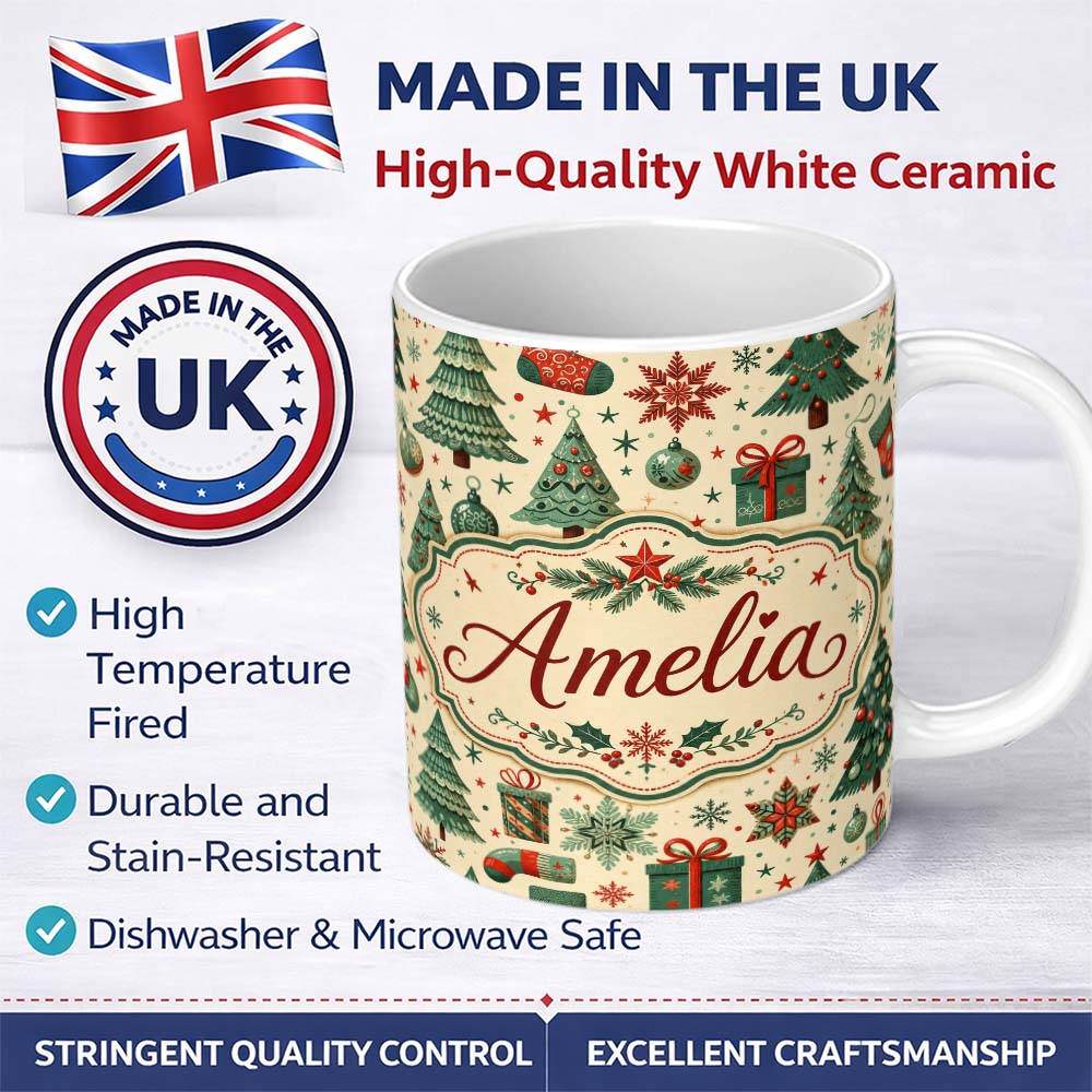 Personalized Custom Name Christmas Trees Snowflakes Ornaments Festive Holiday Winter Design 11oz Ceramic Coffee Tea Mug White Large Handle