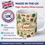 Personalized Custom Name Christmas Trees Snowflakes Ornaments Festive Holiday Winter Design 11oz Ceramic Coffee Tea Mug White Large Handle