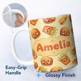 Personalized Custom Name Cute Kawaii Burger Fries Hotdog Fast Food Yellow Background 11oz Ceramic Coffee Tea Mug White Large Handle