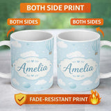 Personalized Custom Name Cute Hot Air Balloons with Clouds Pastel Sky Background Seamless 11oz Ceramic Coffee Tea Mug White Large Handle