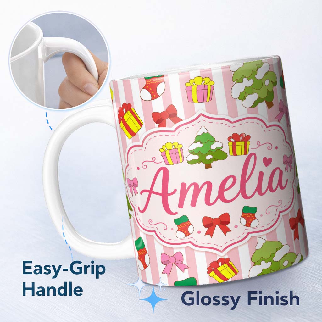 Personalized Custom Name Cute Christmas Gifts Stockings Tree Stripe Background Seamless 11oz Ceramic Coffee Tea Mug White Large Handle
