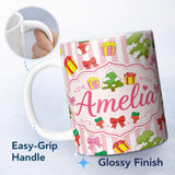 Personalized Custom Name Cute Christmas Gifts Stockings Tree Stripe Background Seamless 11oz Ceramic Coffee Tea Mug White Large Handle