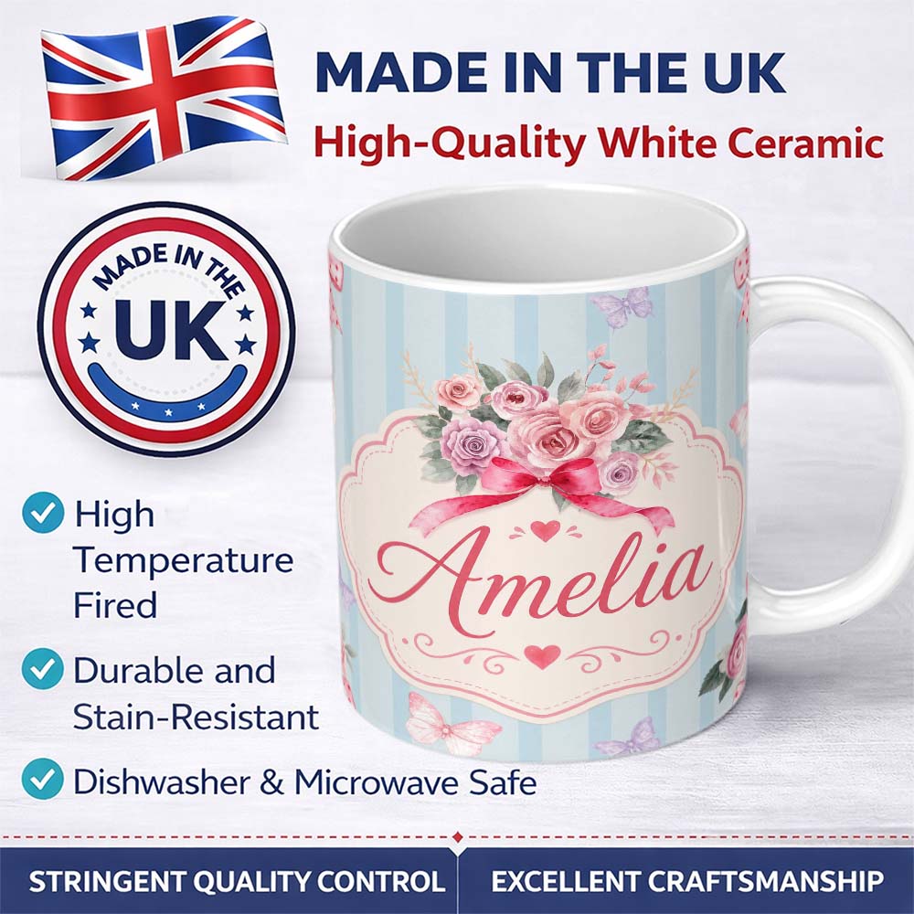 Personalized Custom Name Cute Watercolor Roses Bouquet with Red Ribbon Soft Blue Stripe 11oz Ceramic Coffee Tea Mug White Large Handle