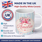 Personalized Custom Name Cute Watercolor Roses Bouquet with Red Ribbon Soft Blue Stripe 11oz Ceramic Coffee Tea Mug White Large Handle