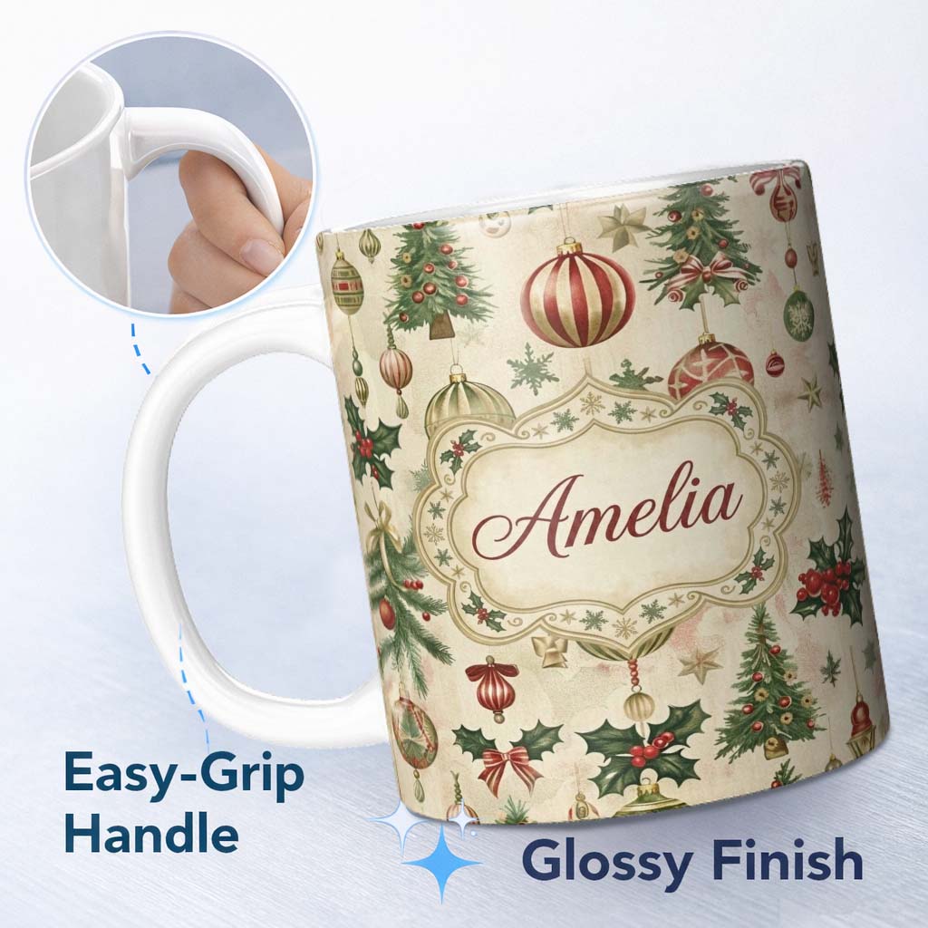 Personalized Custom Name Classic Hanging Christmas Bauble Tree Holly Elegant Seamless Pattern 11oz Ceramic Coffee Tea Mug White Large Handle