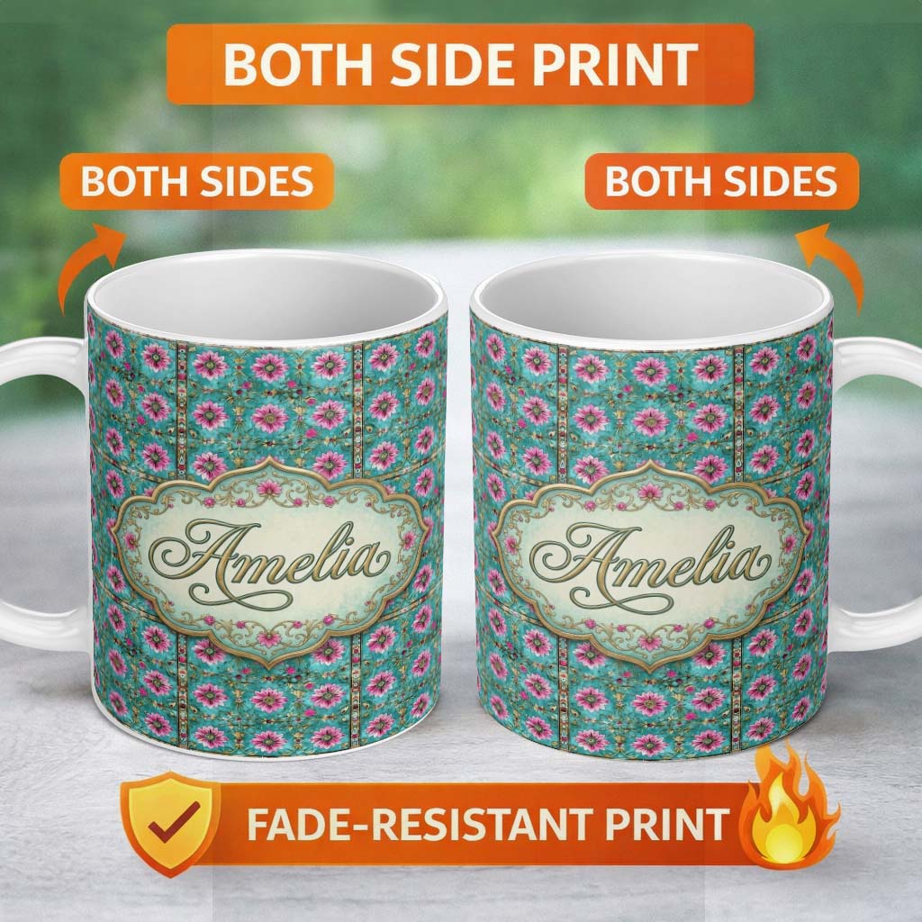 Personalized Custom Name Teal Pink Daisy Floral Tile Pattern Vintage Ornamental Design Lovely 11oz Ceramic Coffee Tea Mug White Large Handle