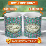 Personalized Custom Name Teal Pink Daisy Floral Tile Pattern Vintage Ornamental Design Lovely 11oz Ceramic Coffee Tea Mug White Large Handle