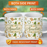 Personalized Custom Name Cute Snowman Gifts Christmas Tree Wreath Robin Seamless Pattern 11oz Ceramic Coffee Tea Mug White Large Handle