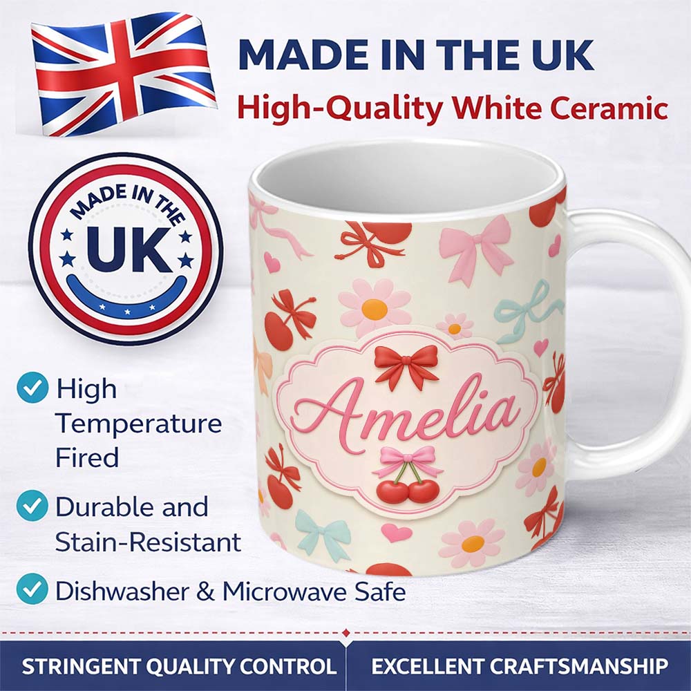 Personalized Custom Name Cute Cherry Bow Daisy Heart Seamless Pattern on Soft Cream Lovely 11oz Ceramic Coffee Tea Mug White Large Handle
