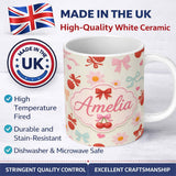 Personalized Custom Name Cute Cherry Bow Daisy Heart Seamless Pattern on Soft Cream Lovely 11oz Ceramic Coffee Tea Mug White Large Handle