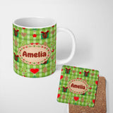 Personalized Custom Name Cute Christmas Tree Gift Heart Plaid Seamless Pattern Festive Lovely 11oz Ceramic Coffee Tea Mug White Large Handle
