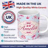 Personalized Custom Name Watercolor Cherry Bow Ribbon Pastel Blue Background Seamless Pattern 11oz Ceramic Coffee Tea Mug White Large Handle