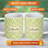 Personalized Custom Name Light Green Vintage Damask Floral Seamless Pattern Cute Unique Gift 11oz Ceramic Coffee Tea Mug White Large Handle