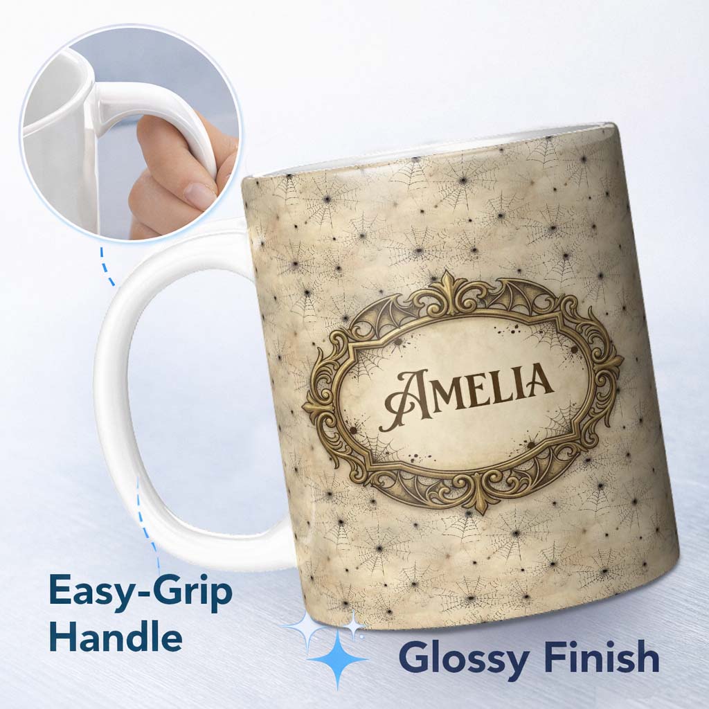 Personalized Custom Name Neutral Spider Web Halloween Seamless Pattern Cute Unique Gift 11oz Ceramic Coffee Tea Mug White Large Handle