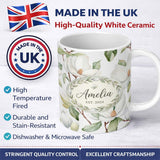 Personalized Custom Name Delicate Magnolia Flowers and Buds Seamless Pattern Cute Unique Gift 11oz Ceramic Coffee Tea Mug White Large Handle
