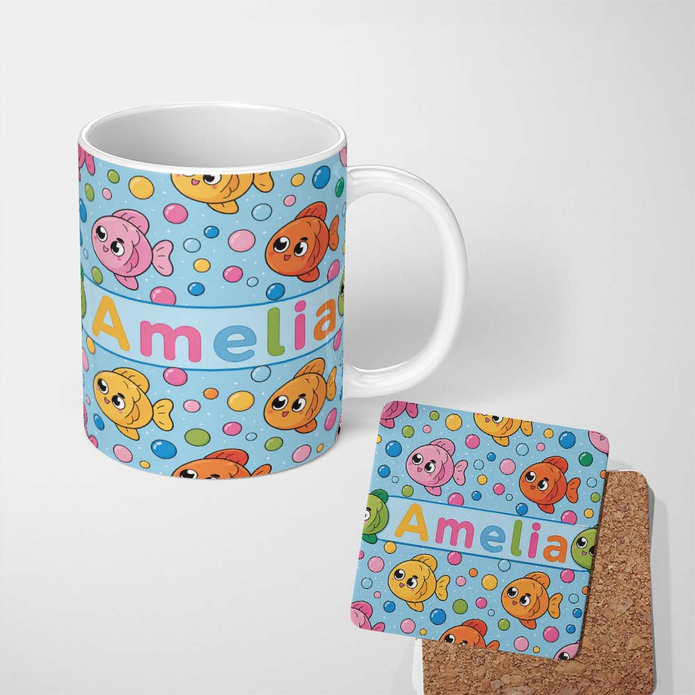 Personalized Custom Name Cute Colorful Fish Bubbles Underwater Kawaii Seamless Pattern Lovely 11oz Ceramic Coffee Tea Mug White Large Handle
