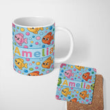 Personalized Custom Name Cute Colorful Fish Bubbles Underwater Kawaii Seamless Pattern Lovely 11oz Ceramic Coffee Tea Mug White Large Handle