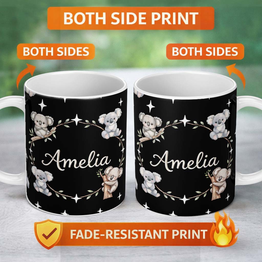 Personalized Custom Name Cute Baby Koala Bears with Stars on Black Background Seamless Lovely 11oz Ceramic Coffee Tea Mug White Large Handle