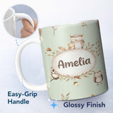 Personalized Custom Name Woodland Owls with Mushrooms Leaves Soft Sage Green Seamless 11oz Ceramic Coffee Tea Mug White Large Handle