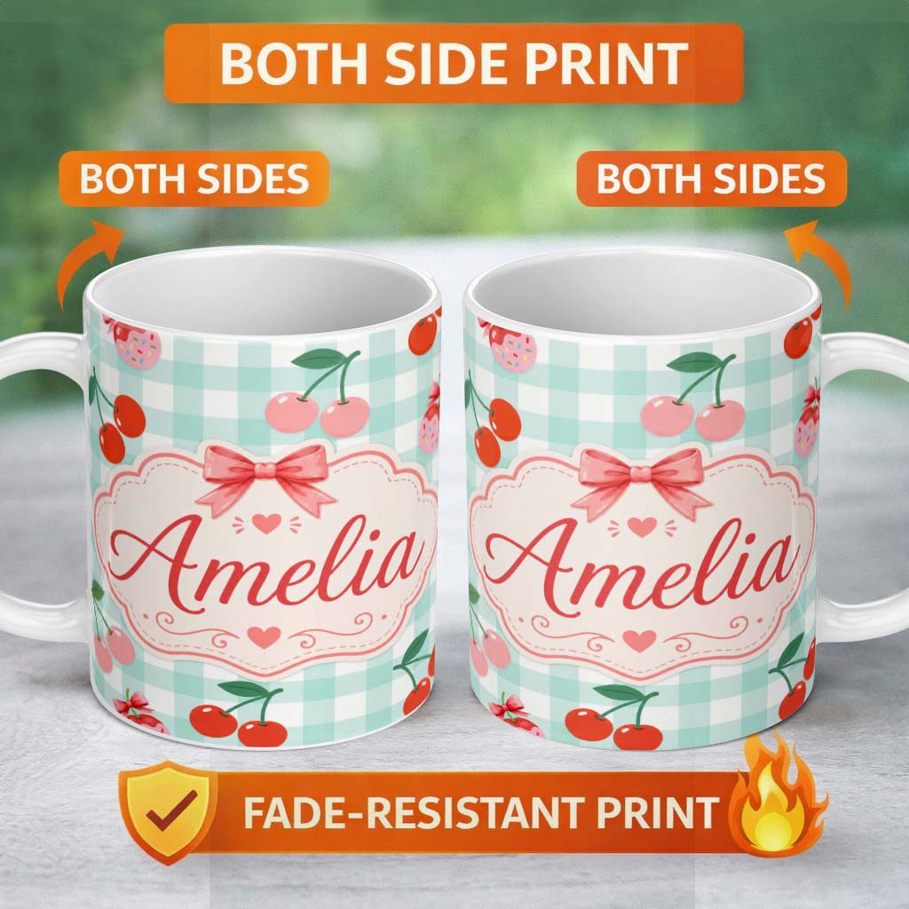 Personalized Custom Name Cute Cherry Fruit with Bow and Sprinkles Pattern Mint Gingham Check 11oz Ceramic Coffee Tea Mug White Large Handle