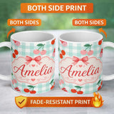 Personalized Custom Name Cute Cherry Fruit with Bow and Sprinkles Pattern Mint Gingham Check 11oz Ceramic Coffee Tea Mug White Large Handle