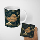 Personalized Custom Name Night Forest Camping Tent Scenic Seamless Pattern Cute Unique Gift 11oz Ceramic Coffee Tea Mug White Large Handle