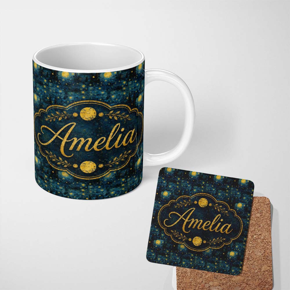 Personalized Custom Name Van Gogh Style Starry Night Seamless Pattern Artistic Swirl Sky 11oz Ceramic Coffee Tea Mug White Large Handle