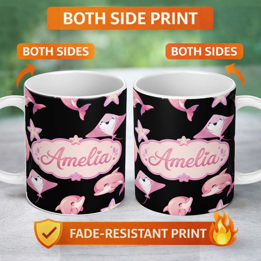 Personalized Custom Name Cute Pink Dolphins and Starfish Seamless Ocean Light Grey Background 11oz Ceramic Coffee Tea Mug White Large Handle