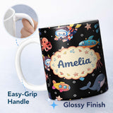 Personalized Custom Name Kid Scuba Diver Submarine Jellyfish Ocean Animals Deep Black Bubble 11oz Ceramic Coffee Tea Mug White Large Handle