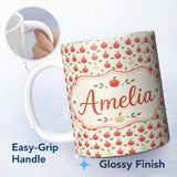 Personalized Custom Name Cute Minimal Red and Yellow Apples with Leaves Seamless Pattern 11oz Ceramic Coffee Tea Mug White Large Handle