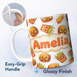 Personalized Custom Name Cute Kawaii Burger Fries Hotdog Fast Food White Background Seamless 11oz Ceramic Coffee Tea Mug White Large Handle