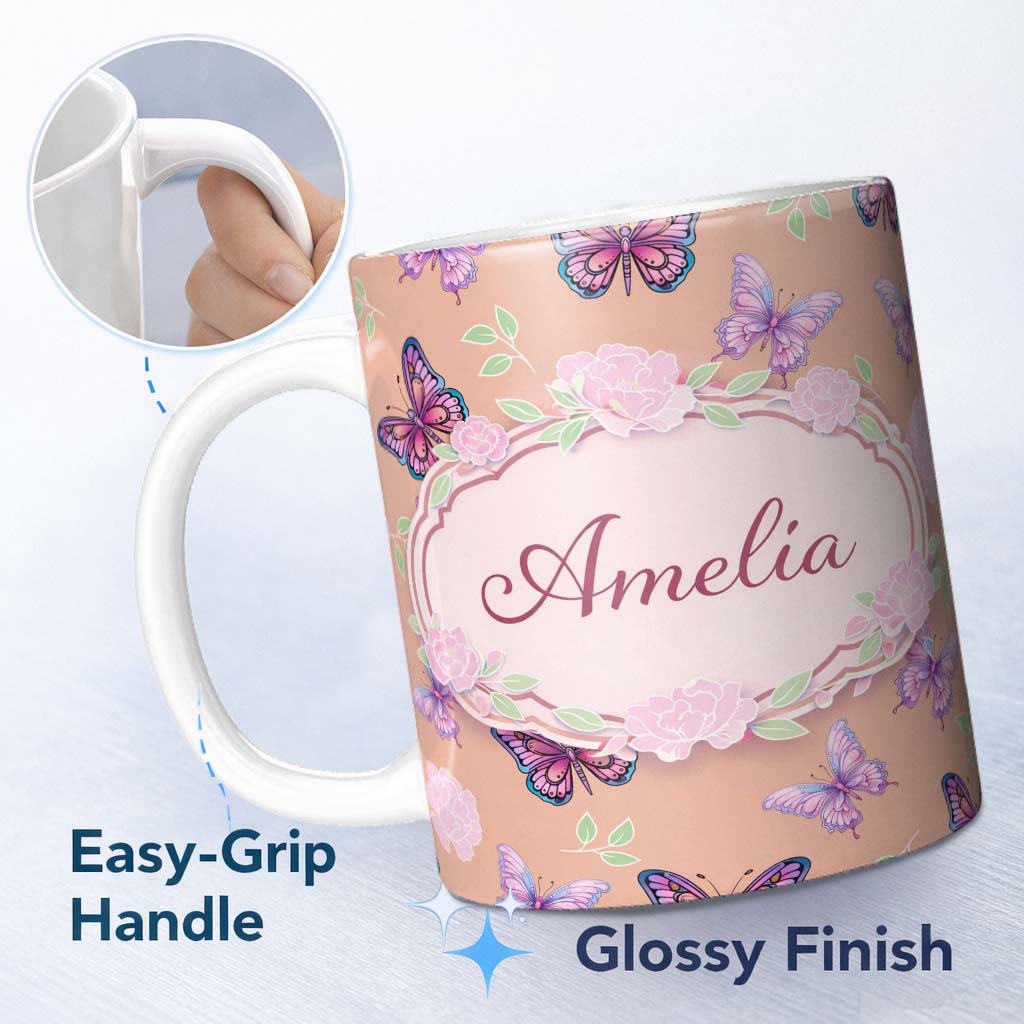Personalized Custom Name Pink Purple Butterfly Floral Peach Background Seamless Pattern 11oz Ceramic Coffee Tea Mug White Large Handle