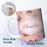 Personalized Custom Name Pink Purple Butterfly Floral Peach Background Seamless Pattern 11oz Ceramic Coffee Tea Mug White Large Handle