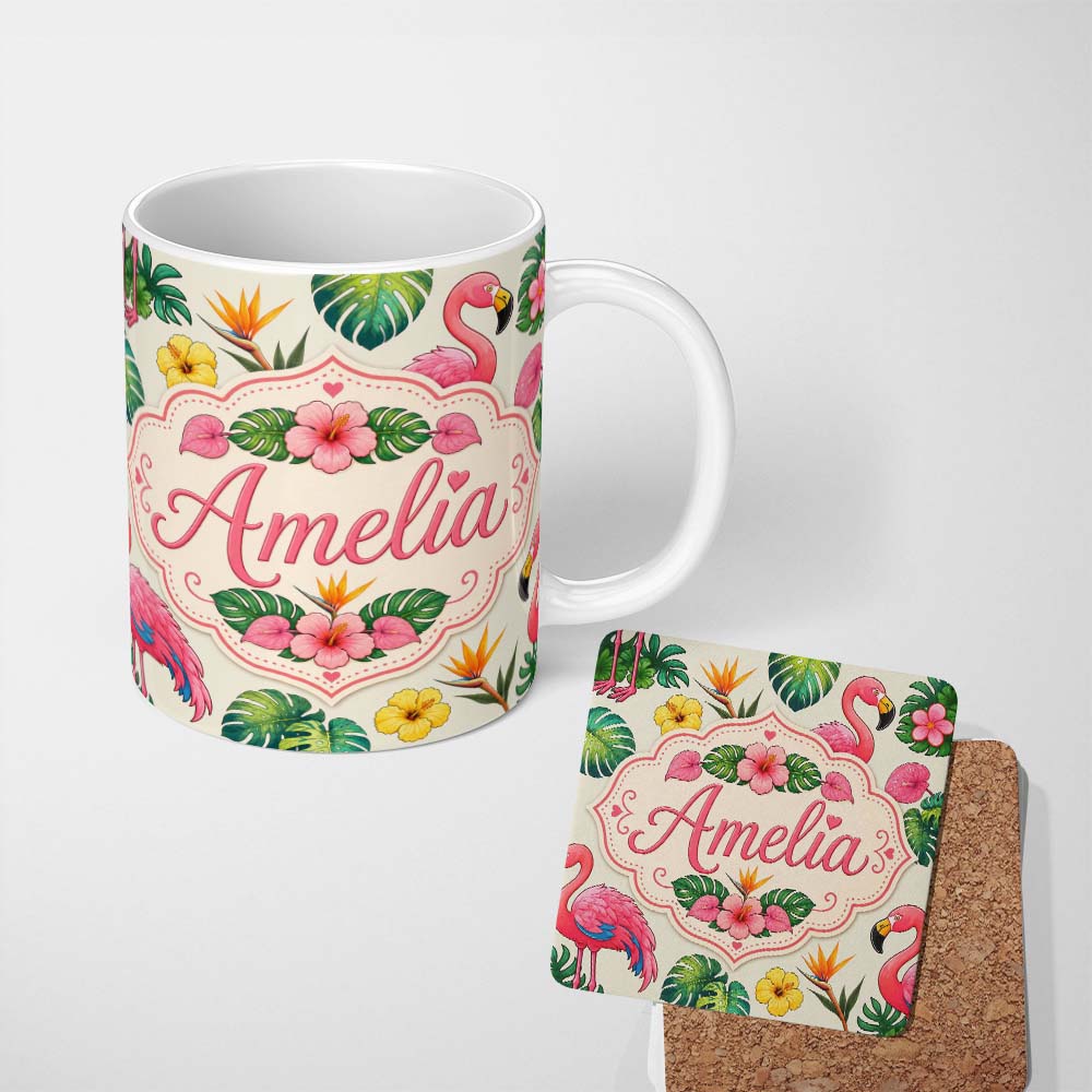 Personalized Custom Name Tropical Flamingo with Hibiscus Flowers and Leaves Cream Background 11oz Ceramic Coffee Tea Mug White Large Handle