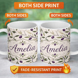 Personalized Custom Name Olive Branch Purple Fruit Botanical Minimal Seamless Pattern Lovely 11oz Ceramic Coffee Tea Mug White Large Handle