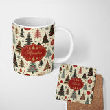 Personalized Custom Name Modern Minimal Christmas Trees with Black Gold Red Accents Seamless 11oz Ceramic Coffee Tea Mug White Large Handle