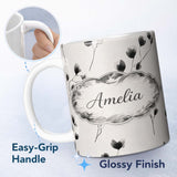 Personalized Custom Name Minimal Floral Stems Black Cream Soft Botanical Pattern Lovely 11oz Ceramic Coffee Tea Mug White Large Handle