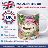 Personalized Custom Name Cute Kawaii Smiling Plant Pots Succulents Leaves Pattern Peach 11oz Ceramic Coffee Tea Mug White Large Handle